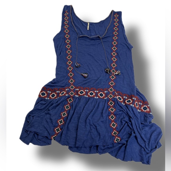 Free People Dresses & Skirts - Free People Boho Sleeveless Tunic Dress with Tassel Ties Blue Size Small